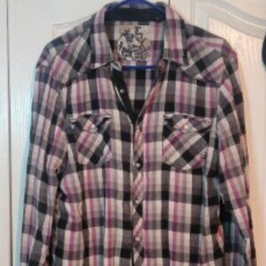 Fox Racing Women’s Flannel Shirt Black Pink White Pearl Snap Logo Gently Worn
